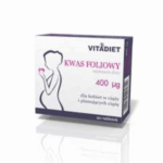 Box of Vitadiet Folic Acid 400 µg – 90 tablets for pregnancy support and folate supplementation.