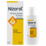 Bottle and box of Nizoral 20 mg/g medicinal anti-dandruff shampoo with ketoconazole – 60 ml.