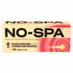 Box of NO-SPA® 40mg tablets (40 count), a medication for abdominal cramps and muscle spasms, with white and pink packaging.