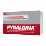 Box of Pyralgina 500mg tablets (20 tablets) – strong painkiller and fever reducer with red and grey packaging.