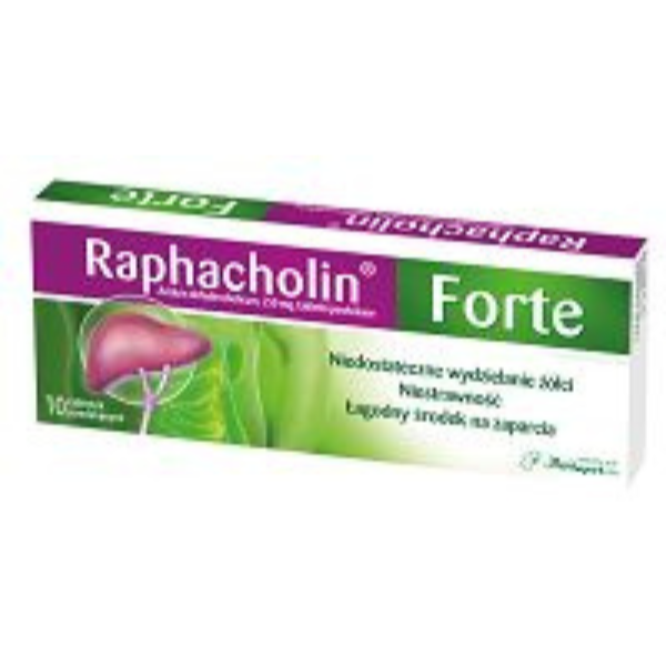 Box of Raphacholin Forte 10 tablets – herbal liver and digestion support supplement with artichoke extract and activated charcoal.