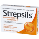 Box of Strepsils Orange with Vitamin C – 12 throat lozenges for sore throat and immune support, with orange-themed packaging.