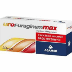 Box of UroFuraginum Max 100 mg – 30 tablets for lower urinary tract infections (UTIs), by Adamed, in white, red, and navy packaging.