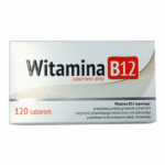 Box of Vitamin B12 dietary supplement – 120 tablets for energy, red blood cell production, and nervous system support.