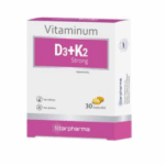 Box of Vitaminum D3+K2 Strong by Starpharma – 30 capsules supporting bone and heart health, gluten- and lactose-free formula.