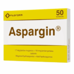 Box of Aspargin – 50 tablets containing magnesium and potassium aspartates, mineral supplement by Filofarm.