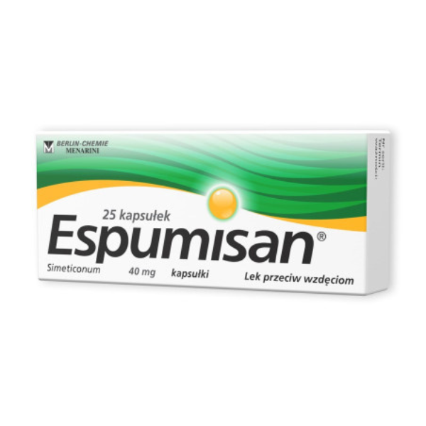 Box of Espumisan 40 mg – 25 capsules for relief from gas and bloating, with green and white packaging.