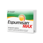 Box of Espumisan MAX – 20 soft capsules for relieving gas and bloating, with green and white packaging from Berlin-Chemie.