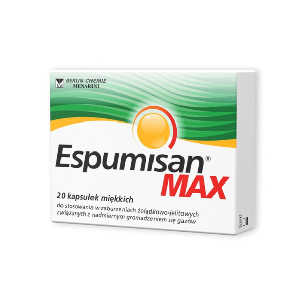 Box of Espumisan MAX – 20 soft capsules for relieving gas and bloating, with green and white packaging from Berlin-Chemie.
