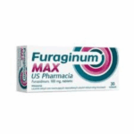 Box of Furaginum MAX 100mg – 30 tablets by US Pharmacia for urinary tract infection treatment, white packaging with teal and magenta accents.