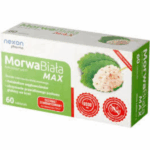 Box of Morwa Biała MAX (White Mulberry MAX) – 60 tablets by Nexon Pharma, dietary supplement supporting blood sugar balance and carb metabolism.