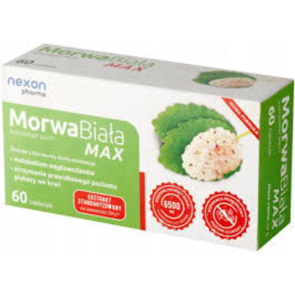 Box of Morwa Biała MAX (White Mulberry MAX) – 60 tablets by Nexon Pharma, dietary supplement supporting blood sugar balance and carb metabolism.