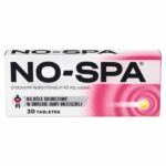 Box of NO-SPA 40mg tablets – 20-count pack for abdominal cramp relief, pink and white packaging with active ingredient Drotaverine Hydrochloride.