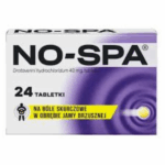 Box of NO-SPA 40mg – 24 tablets for abdominal cramp relief with purple and yellow packaging.
