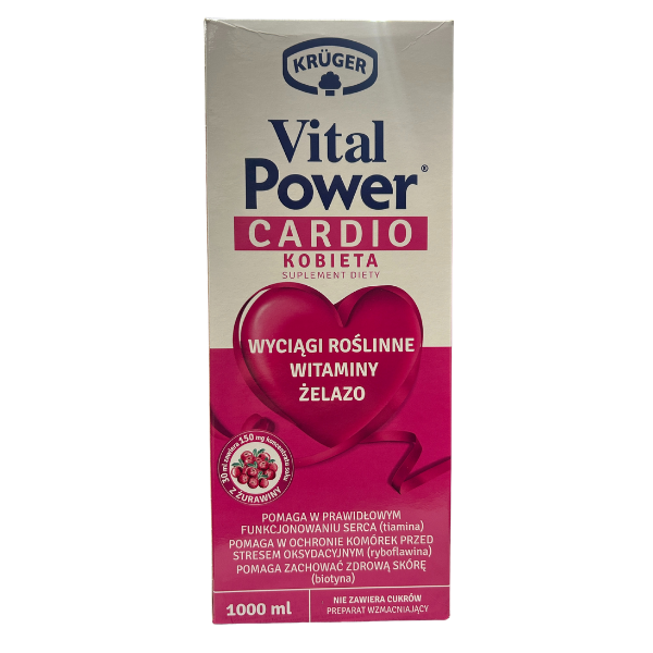 Box of Krüger Vital Power Cardio Woman – 1000 ml liquid dietary supplement with plant extracts, vitamins, and iron.