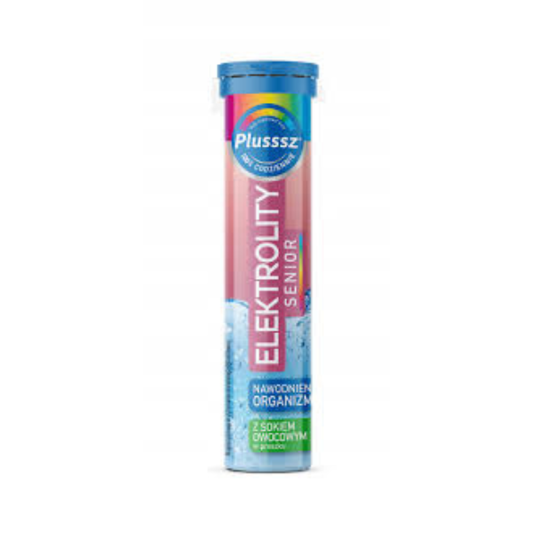 Tube of Plusssz Electrolytes Senior – hydration and electrolyte support for older adults with fruit juice, effervescent tablets.