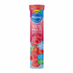 Tube of Plusssz 100% Multivitamin Effervescent Tablets – raspberry and strawberry flavour, no added sugar.