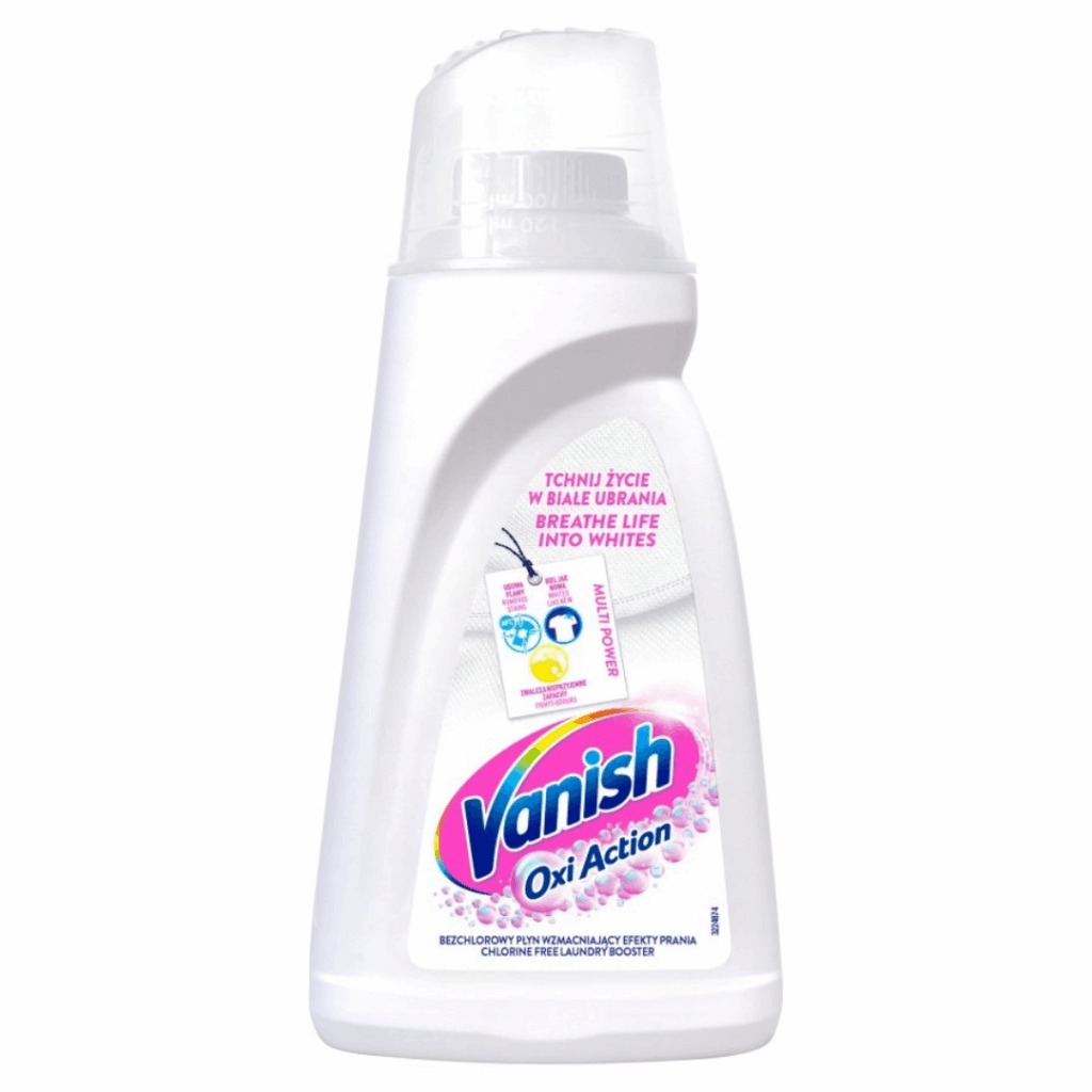 Vanish Oxi Action Liquid Laundry Booster for Whites – white bottle, chlorine-free formula, 1L.