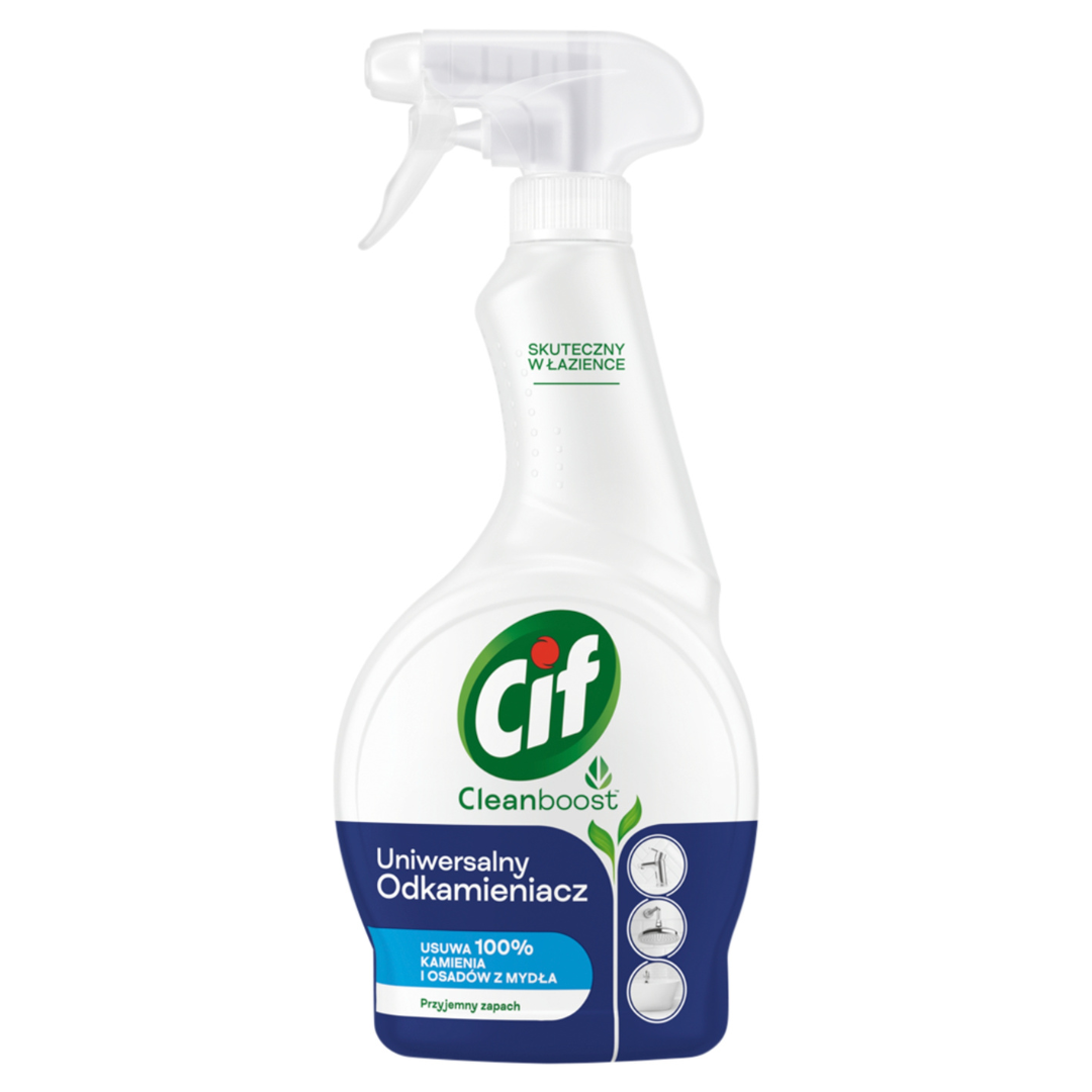 Cif Cleanboost Universal Limescale Remover Spray – 500 ml trigger bottle for bathroom cleaning.