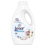 Lenor Sensitive Liquid Detergent bottle – white 1.045L container with baby image and cotton graphics, labeled for 19 washes.