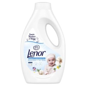 Lenor Sensitive Liquid Detergent bottle – white 1.045L container with baby image and cotton graphics, labeled for 19 washes.