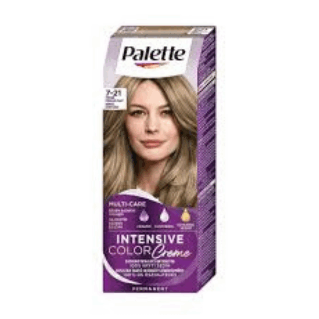 Box of Palette Intensive Color Creme 7-21 Cool Blonde hair dye featuring a model with cool-toned blonde hair.