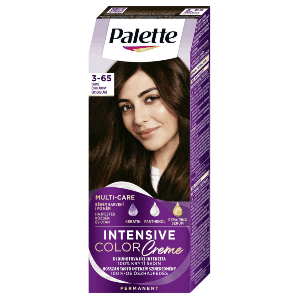 Box of Palette Intensive Color Creme 3-65 Dark Chocolate hair dye featuring a model with glossy, dark brown hair.