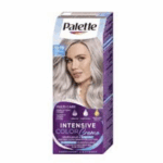 Box of Palette Intensive Color Creme 10-19 Silver Blonde featuring a model with icy silver-blonde hair.