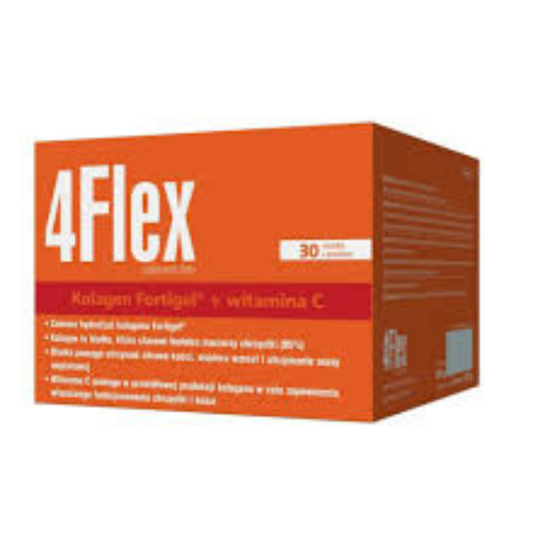 Box of 4Flex Collagen Fortigel + Vitamin C, 30 sachets, in orange packaging.