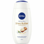Bottle of NIVEA Care Shower Shea Butter & Botanical Oil 250 ml with shea nuts and oil illustration on the label.