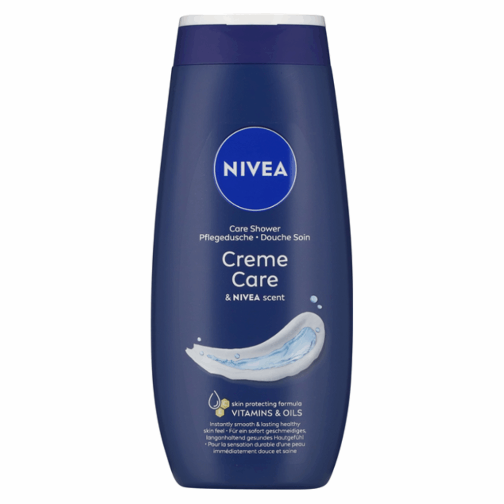 NIVEA Creme Care Shower Gel 250ml bottle with NIVEA scent, enriched with vitamins and oils