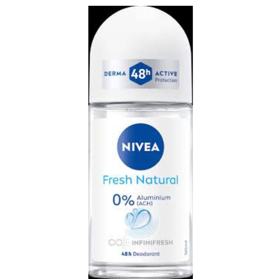 NIVEA Fresh Natural 0% Aluminium Deodorant Roll-On, 50ml bottle with 48-hour protection and ocean freshness