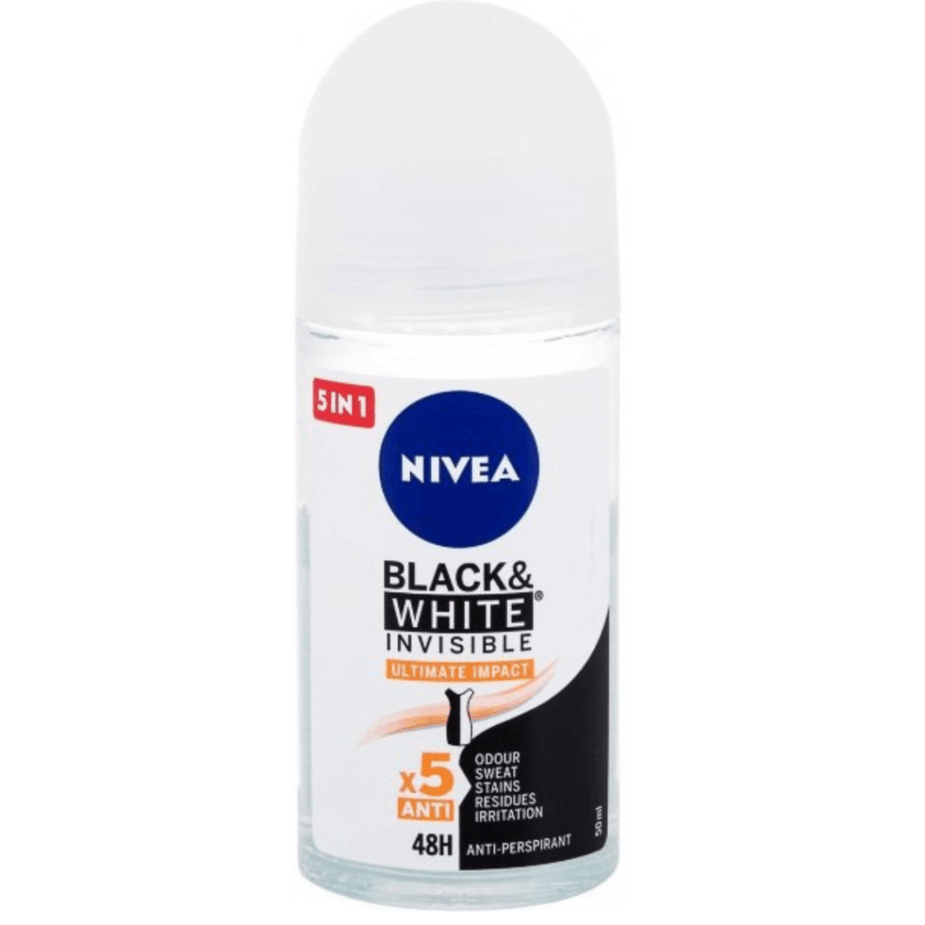 NIVEA Black & White Invisible Ultimate Impact Roll-On Anti-Perspirant 50ml with 5-in-1 protection and 48h sweat control