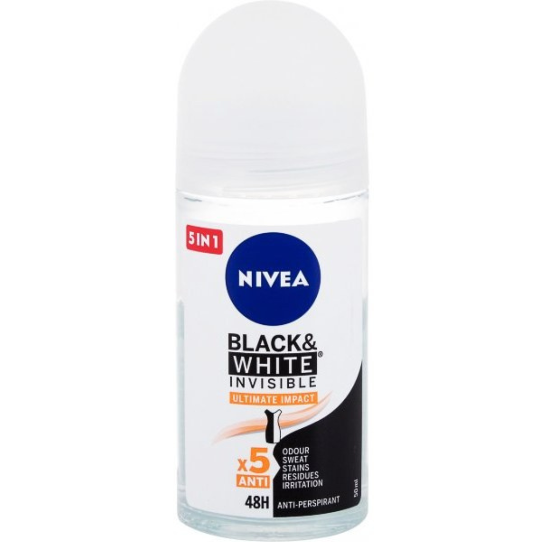 NIVEA Black & White Invisible Ultimate Impact Roll-On Anti-Perspirant 50ml with 5-in-1 protection and 48h sweat control