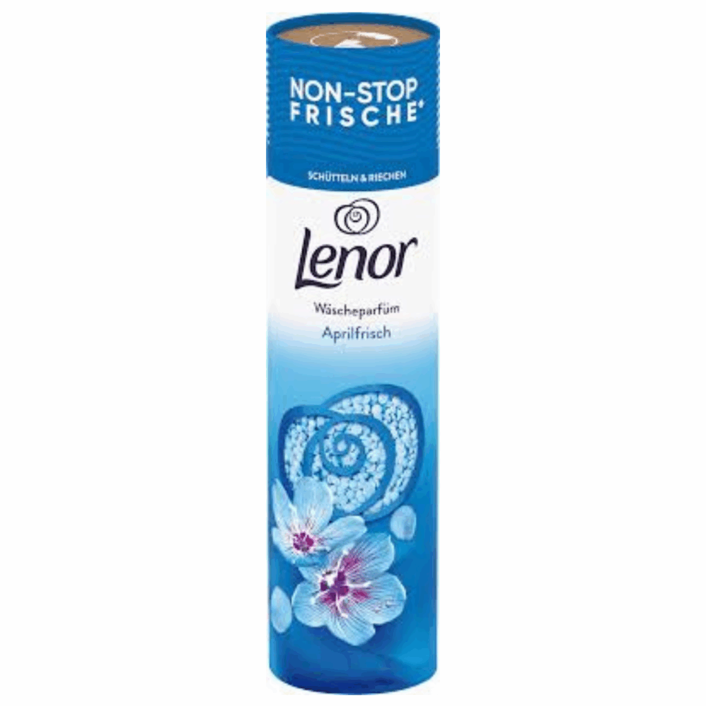 Lenor Aprilfrisch in-wash scent booster – 275g blue cylindrical container with floral graphics and German text.