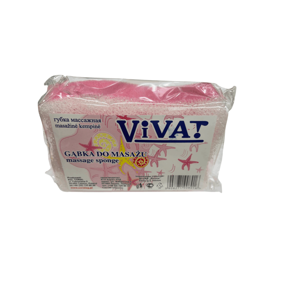 VIVAT pink massage sponge in packaging with starfish design, labeled in multiple languages.