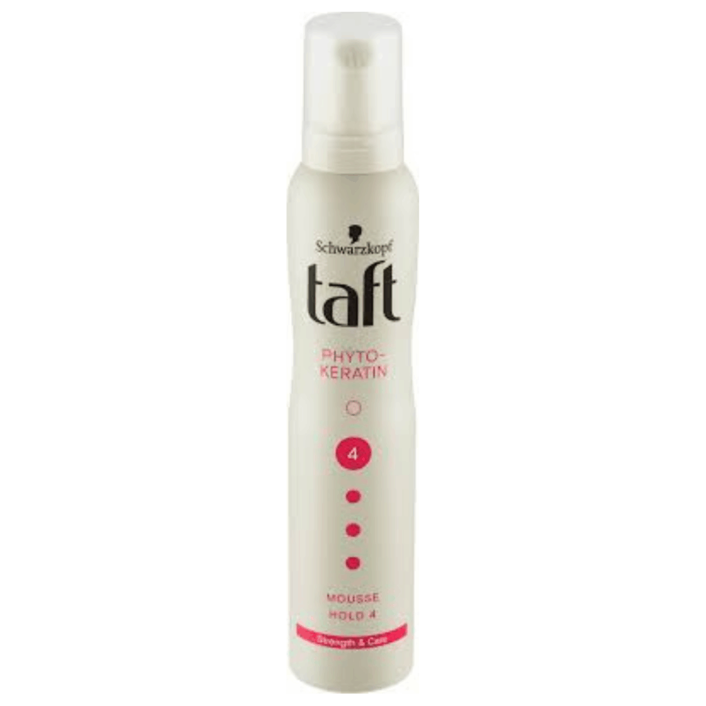 Bottle of Schwarzkopf Taft Phyto-Keratin Mousse Hold 4 – styling foam for strong hold and hair care.