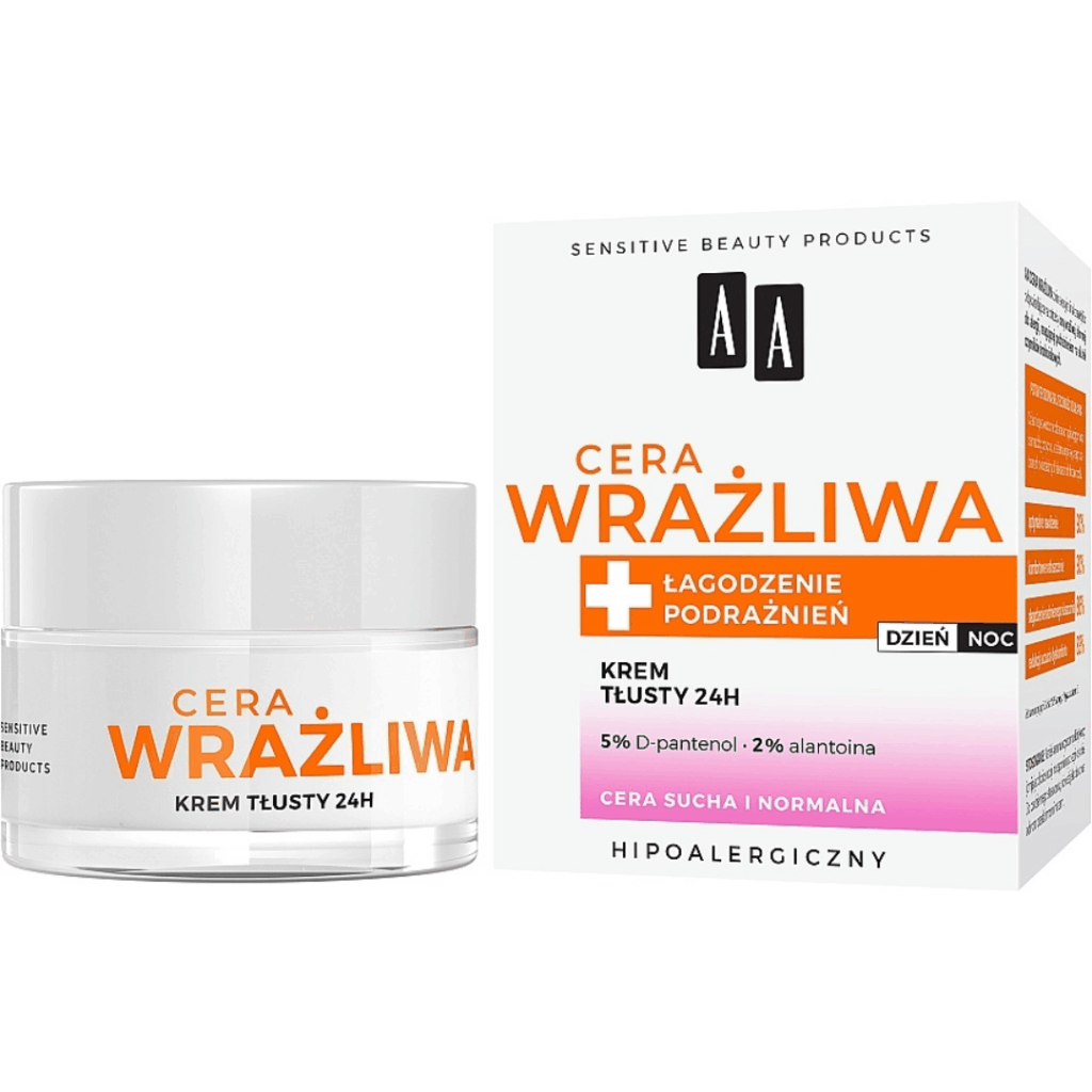 Packaging and jar of AA Sensitive Skin 24H Rich Cream for dry and normal skin, formulated with Vitamin E and D-panthenol for day and night use.