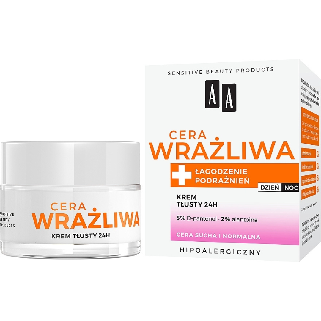 Packaging and jar of AA Sensitive Skin 24H Rich Cream for dry and normal skin, formulated with Vitamin E and D-panthenol for day and night use.