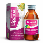 Bottle and box of Lipomal linden flower syrup, herbal medicine for colds, sore throat, cough, and fever, 125g.