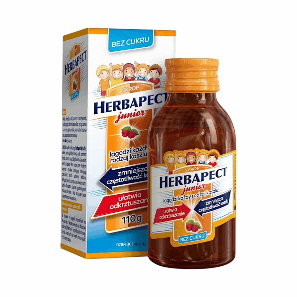 Bottle and packaging of Herbapect Junior raspberry-flavoured cough syrup for children, sugar-free formula, 110g.