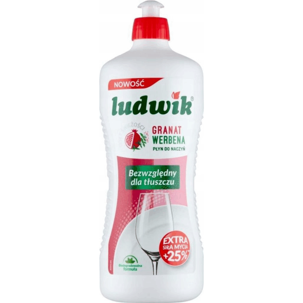 Bottle of Ludwik pomegranate and verbena dishwashing liquid with extra cleaning power and biodegradable formula, 1 liter.