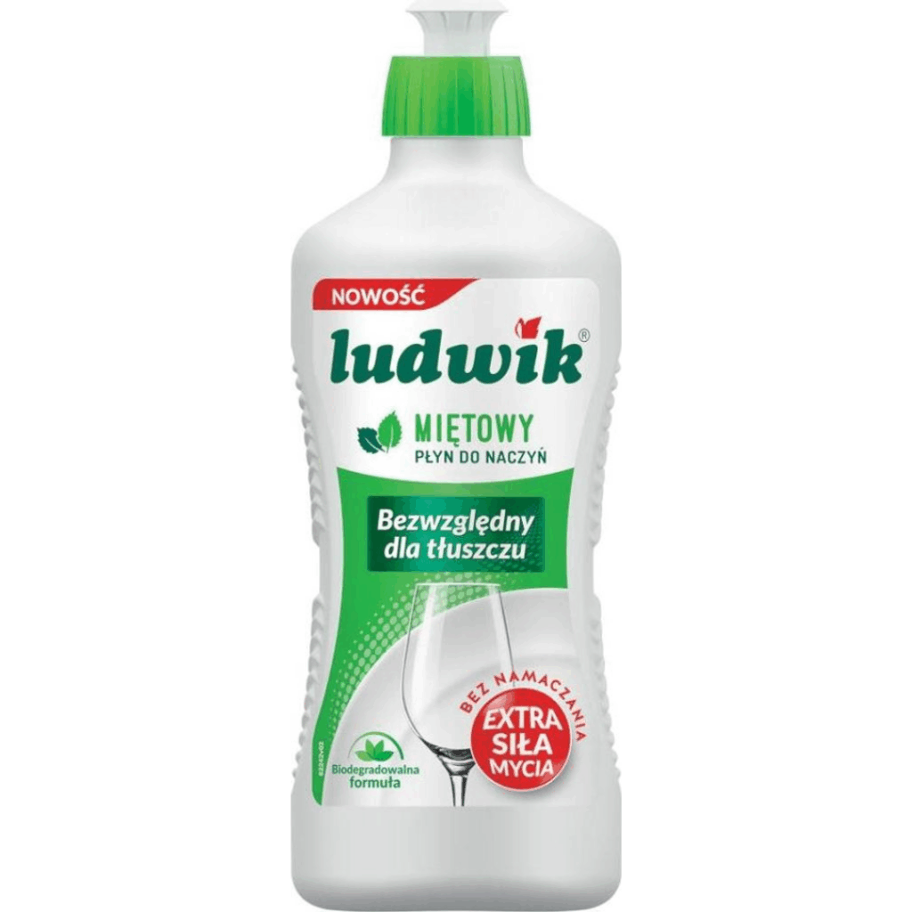 Bottle of Ludwik mint-scented dishwashing liquid with extra cleaning power and biodegradable formula, 1 liter.