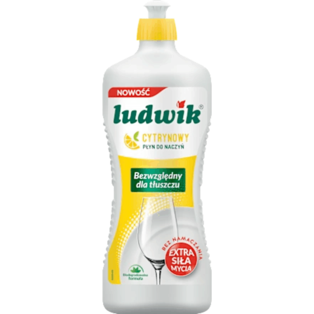 Bottle of Ludwik lemon dishwashing liquid with extra grease-fighting formula and biodegradable composition, 1L.
