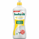 Bottle of Ludwik lemon dishwashing liquid with extra grease-fighting formula and biodegradable composition, 1L.