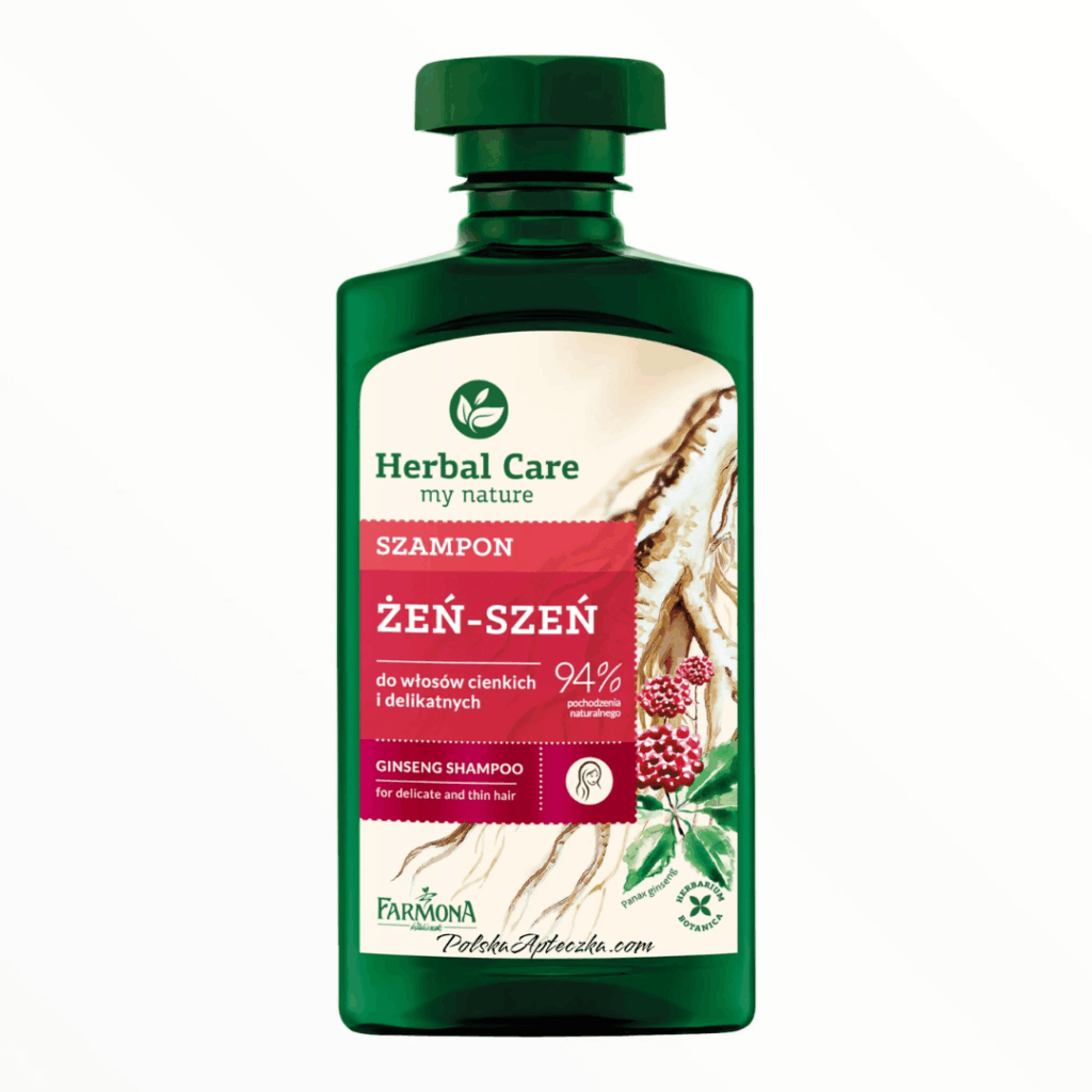 Bottle of Herbal Care Ginseng Shampoo by Farmona for thin and delicate hair, with 94% natural ingredients, 330ml.
