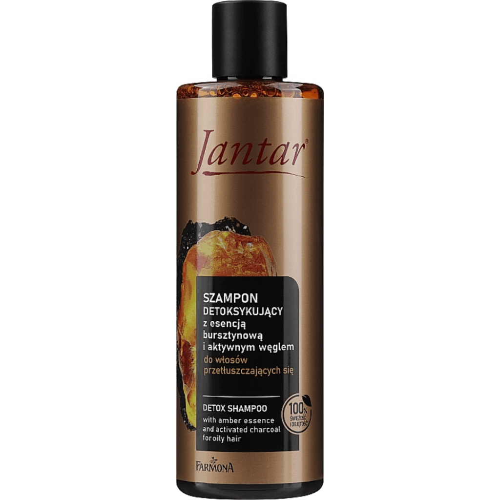Bottle of Jantar Detox Shampoo with amber essence and activated charcoal for oily hair, 330ml.
