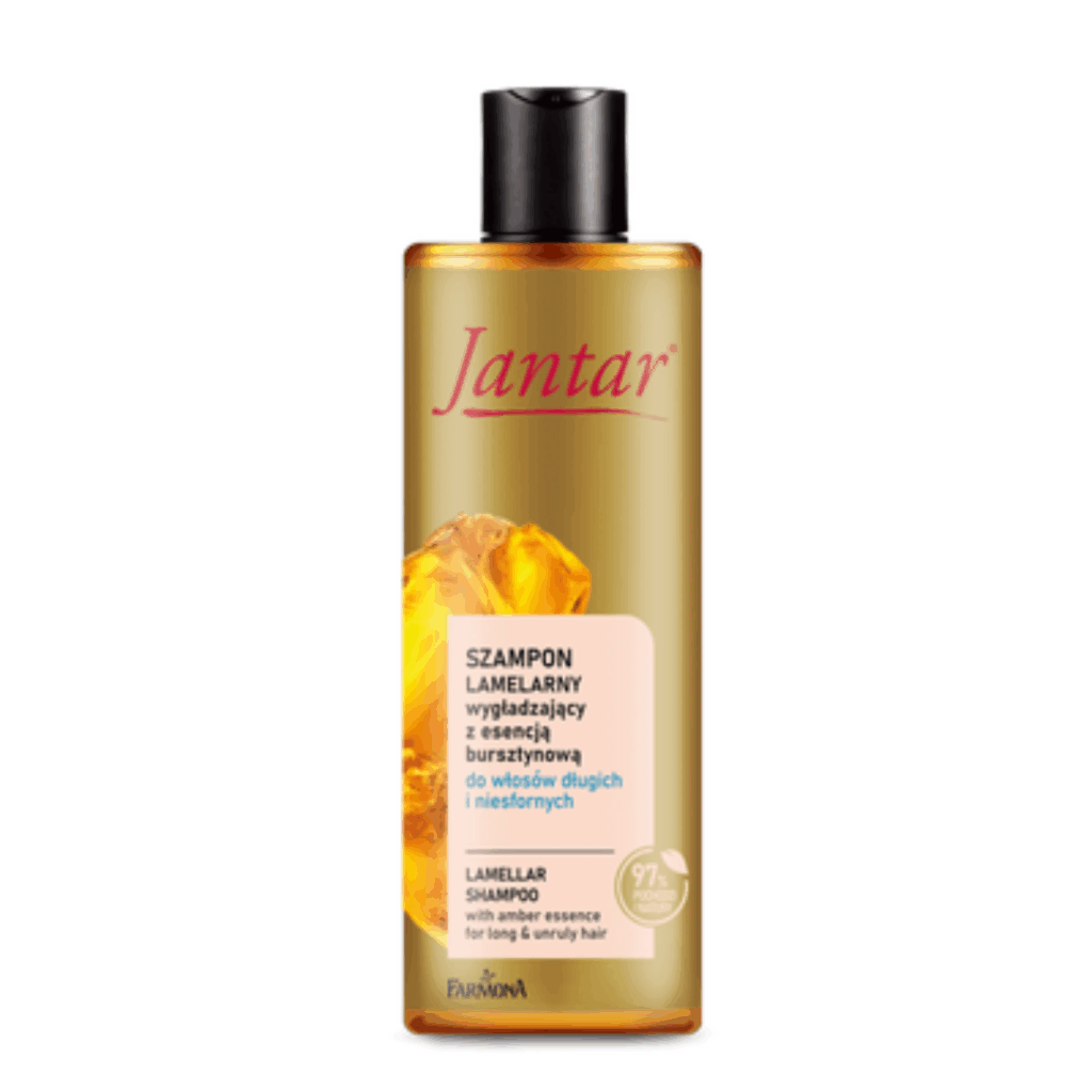 Bottle of Jantar Lamellar Smoothing Shampoo with amber essence for long and unruly hair by Farmona, 330ml.