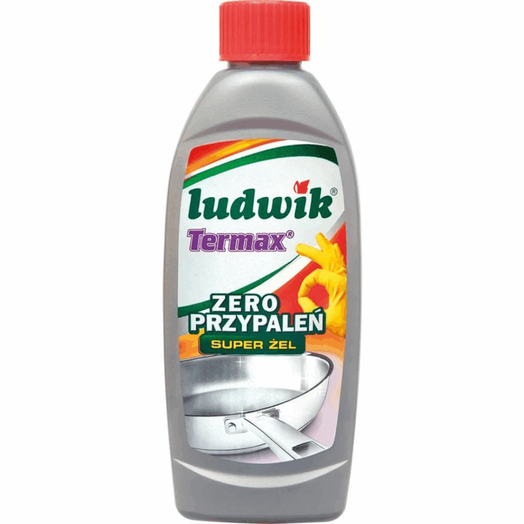 Bottle of Ludwik Termax Super Gel for removing burnt-on food and grease from cookware, 250ml.