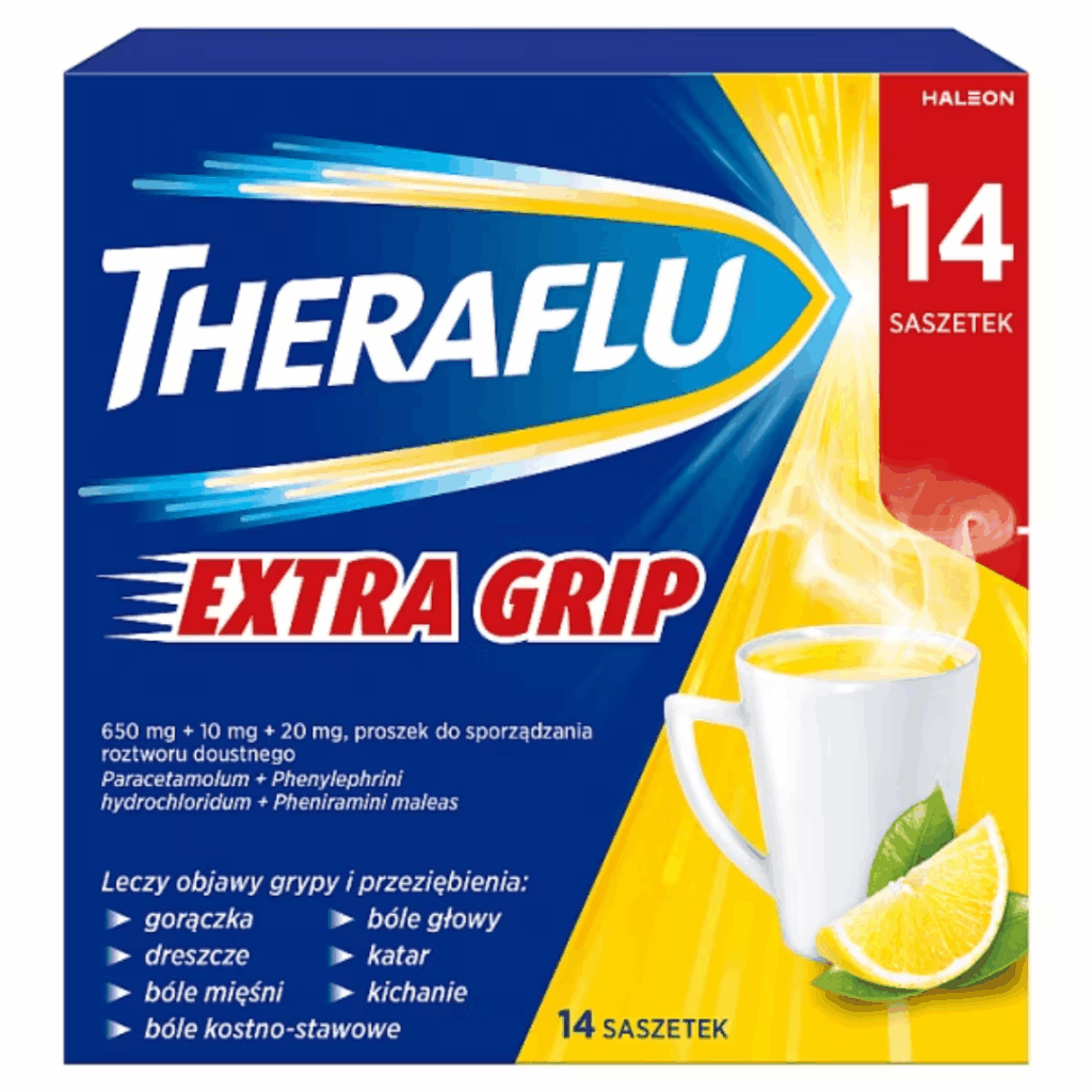 Theraflu Extra Grip 14 Sachets – Cold and Flu Hot Drink Powder with Paracetamol, Phenylephrine & Pheniramine